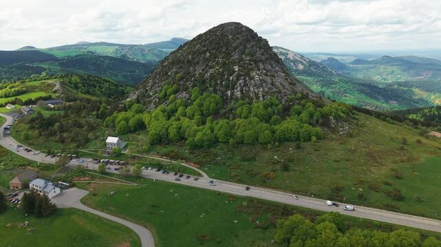 aerial shot flying over the Mont Gerbier de Jonc and revealing the landscape of The Ardeche departement in Auvergne Rhone Alpes region, France
