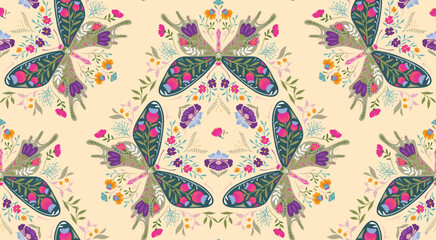 Vector seamless pattern with ornate insects, beetles, butterflies. Folk art floral natural endless background.