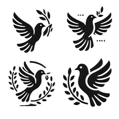 Fototapeta premium Four stylized black doves with olive branches peace hope and freedom symbols
