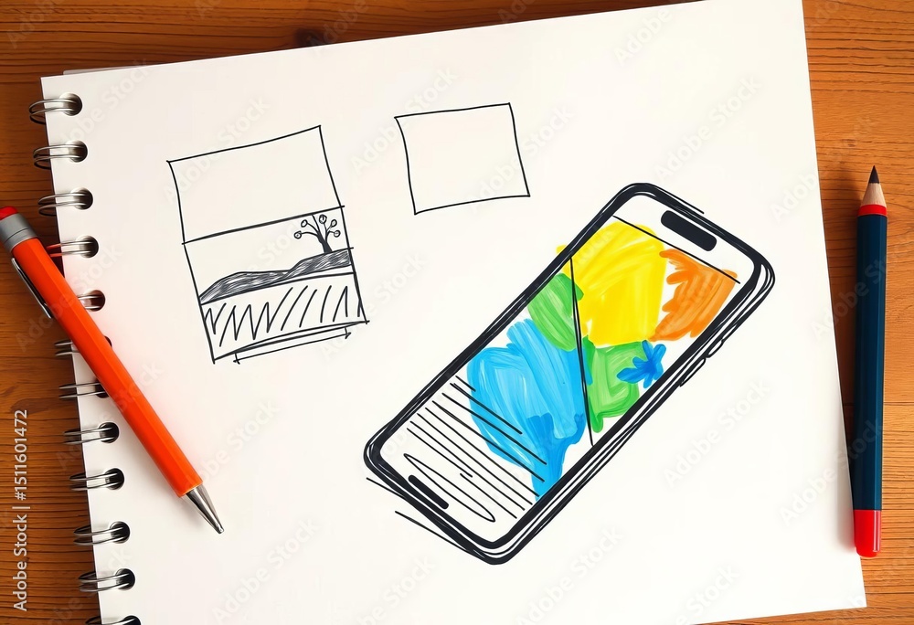 Poster hand-drawn app interface sketches on notebook paper, notebook, app development