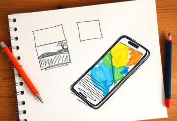 Hand-drawn app interface sketches on notebook paper,  notebook, app development