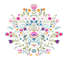 Vector beautiful composition with ornate flowers, plants. Folk art floral poster.
