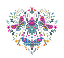 Vector beautiful composition with ornate insects, beetles, butterflies. Folk art floral poster.