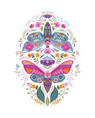 Vector beautiful composition with ornate insects, beetles, butterflies. Folk art floral poster.