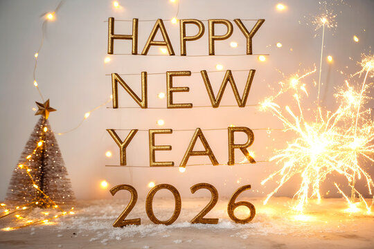 Happy new year 2026 festive celebration with sparkler and lights