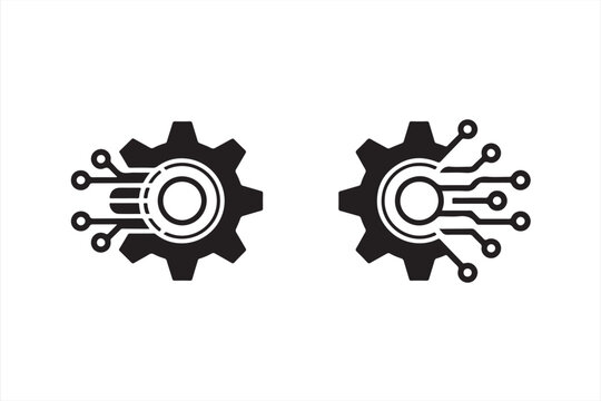 Black and white minimalist gear icon with digital circuit connections