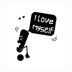 Cartoon figure delivering a confident I love myself in a simple and elegant black vector style with small heart accents. Ideal for modern designs focusing on self-acceptance and quiet strength