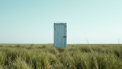 Open field with an old door standing alone outside