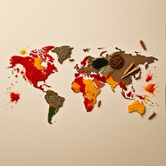 Overhead View of World Map Made Entirely of Spices