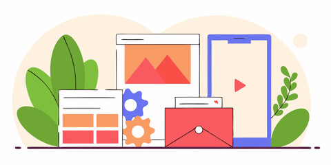Naklejka premium Modern Flat-Style Vector Illustration – Data Analysis & Digital Collaboration with Charts, UI Elements, and Character