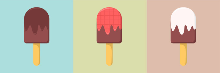 Set of ice cream cones with various flavors. Ice cream in chocolate, vanilla, and strawberry flavors. Vector illustration icons