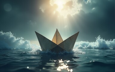 US Financial risk and investment danger as stock market turbulence crisis and economic storm as an American paper boat symbol facing uncertain global economic danger. High quality