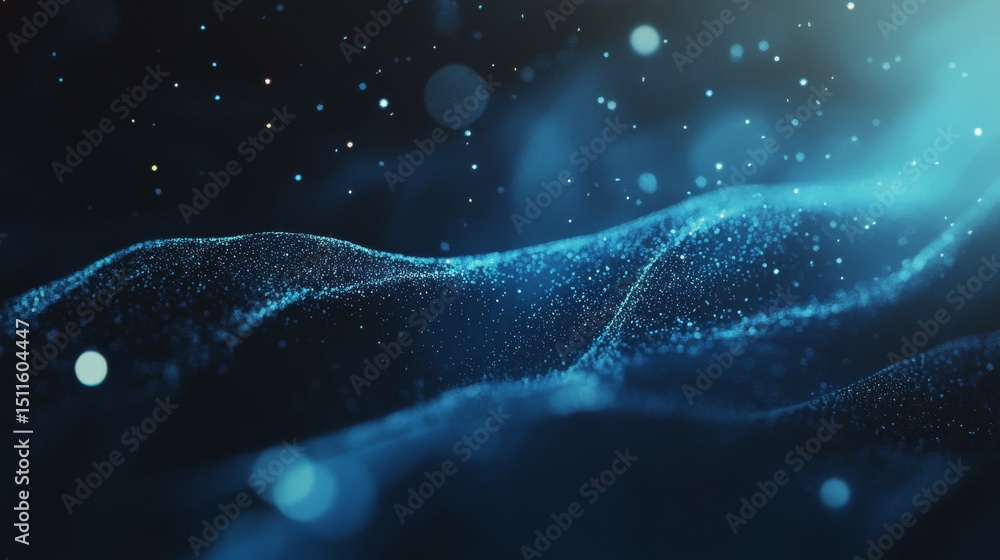 Poster abstract blue digital wave of particles with glowing bokeh lights and futuristic technology backgrou