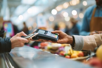 Contactless payment is a very popular customer request. Person paying with smartphone using contactless payment at grocery store counter, market environment, concept of digital finance.