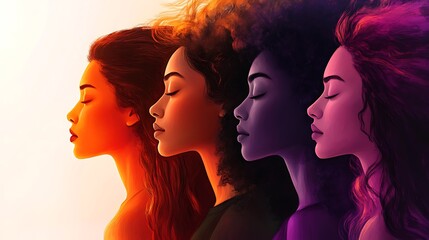 Digital painting of diverse women shown in profile with colorful lighting and closed eyes in peaceful expression