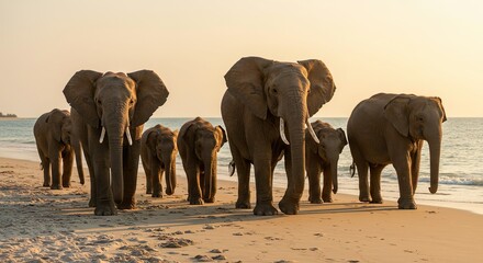 Fototapeta premium Elephant on Tropical Beach at Sunset with Ocean and Colorful Sky