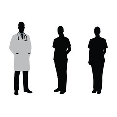 Silhouettes of three healthcare workers in scrubs and lab coats
