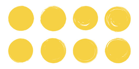 Japanese yellow circles. Japan crayon brush sun. Hand drawn Asian round set. Rough grunge frames, watercolor borders, scribbles. Ink brush Chinese paint. Calligraphy sunset icons. Isolated vector illu
