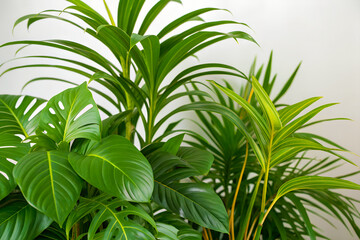 Lush green tropical plants against white background