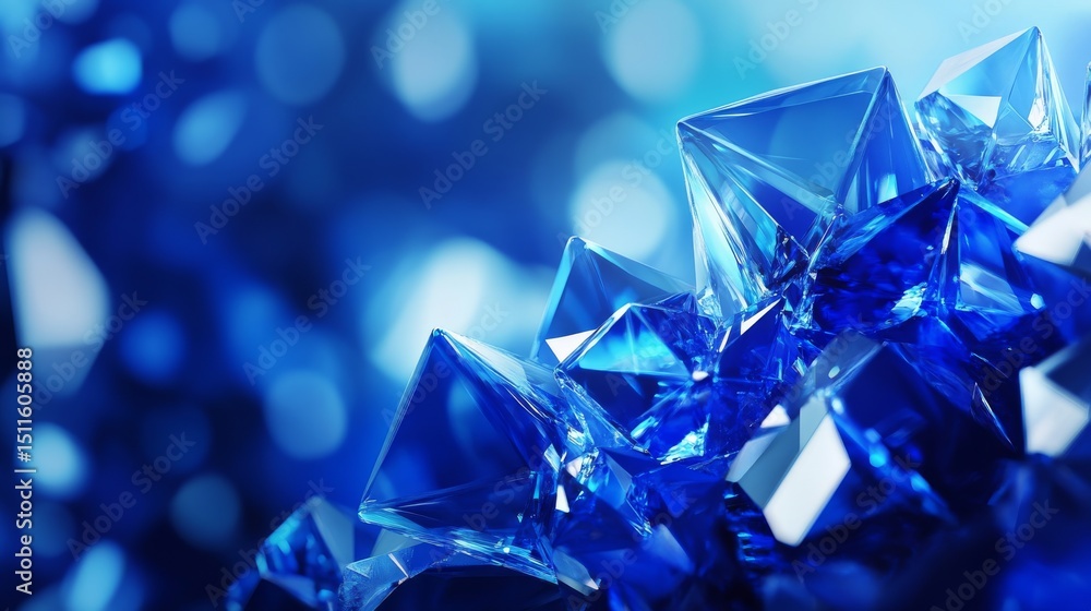 Poster abstract blue crystal geometric pattern with glowing facets and digital light reflections, modern te