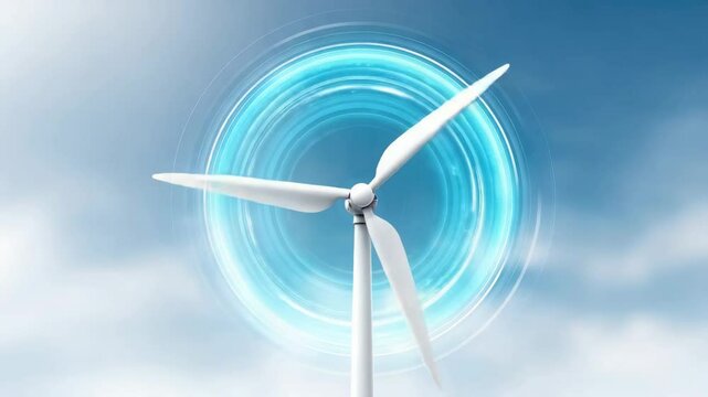 A white windmill in the center with spinning blue energy graphics circling around it. Clean energy, renewable energy, natural energy.