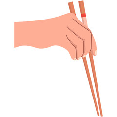 Hand Holding Chopsticks. Hands holding chopstick for eat asian seafood, japanese chop stick japan chinese sushi food eating tool in arm, oriental cartoon neat vector illustration. Set of Hand holding 