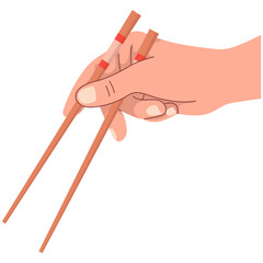 Hand Holding Chopsticks. Hands holding chopstick for eat asian seafood, japanese chop stick japan chinese sushi food eating tool in arm, oriental cartoon neat vector illustration. Set of Hand holding 