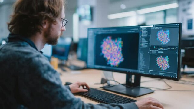 Researcher at Work: A dedicated researcher intently analyzes complex data visualizations on a dual-monitor setup, immersed in the pursuit of knowledge and scientific discovery. 