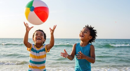 Two happy african american children playing with colorful beach ball on ocean shore. Boys laughing and catching ball during summer vacation. Friendship and joy concept. Family holiday sale