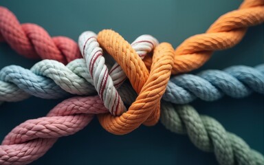 Concept Of Teamwork And Unity as a business metaphor for joining an inclusive partnership as twisted diverse ropes connected together as a corporate symbol for cooperation and working collaboration.