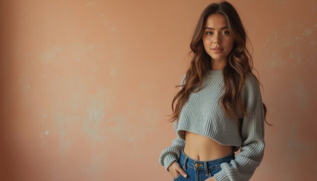 Stylish woman in a cropped sweater against a soft peach backdrop