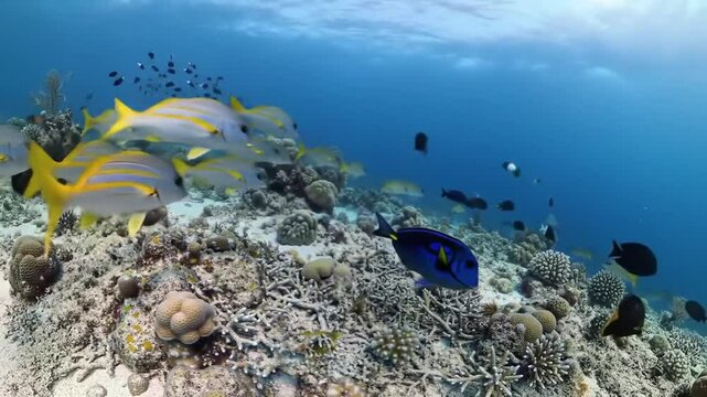 Underwater World Scene with School of Yellowtail Snapper and Regal Tang Swimming Among Vibrant Coral Reefs in Clear Blue Waters