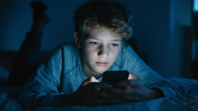 Nighttime Phone Staring: Capturing a candid moment of a young person fully engrossed in their mobile device, under the soft glow of a darkened room, expressing a serene, almost absorbed state of mind.