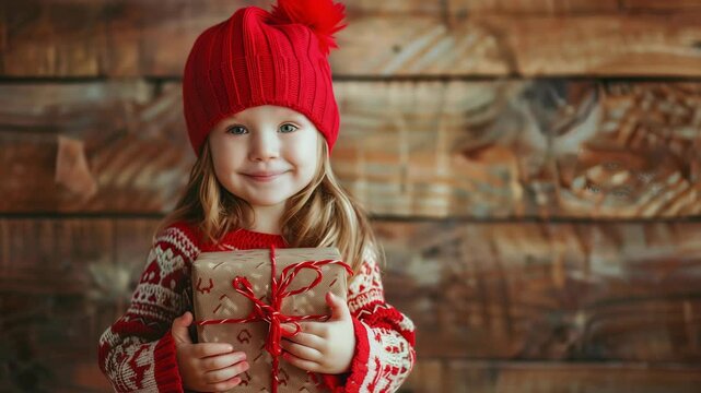 A young girl, adorned in a festive red hat and sweater, beams as she clutches a gift wrapped in simple brown paper with red twine, against a backdrop of rustic wood paneling.