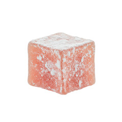Fototapeta premium Ultra realistic Turkish Delight cube, dusted with powdered sugar, with clear contours and no shadows on a transparent background, slightly high angle shot. Concept for confectionery