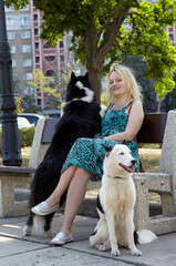 Owner with dogs sitting on a bench in the city park. Friendship of a dog and a woman