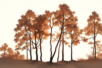 Silhouetted trees with warm autumn leaves stand against a soft beige background