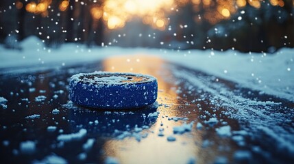 Curling Stone with Snowy Winter Road.