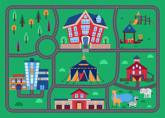 Map with road and houses, cartoon city, town, children illustration