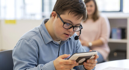 Man with down syndrome wearing glasses and headset using smartphone in modern office. Person with special needs working with technology and communication devices. Inclusion and accessibility