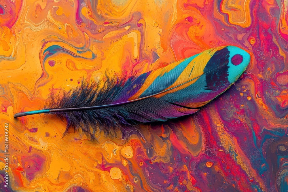Poster vibrant multicolored feather floating on abstract colorful background, vibrant multicolored feather 