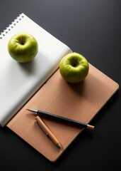 Mock up for school, university, study, writer or artist. clean notebook. with green apple. dark wooden background. book mockup. 