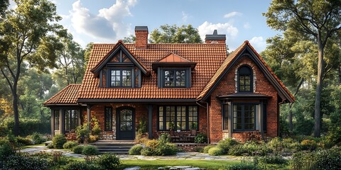 Obraz premium Brick house mockup with red tile roof and lush garden