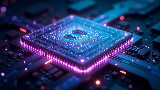 A mesmerizing quantum computer core with floating qubits in a state of superposition, glowing purple and teal energy fields, intricate particle trails, futuristic lab environment - Powered by Adobe