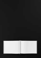 Magazine or brochure opened on a black background. blank pages top view. book mockup. 