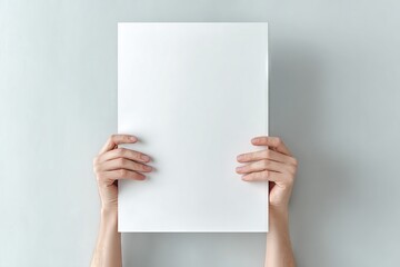 Hands Holding Vertical White Paper Against Light Blue Textured Wall - Serene Sheet