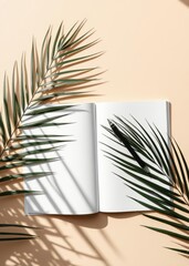 Open magazine mock up, pen and palm leaf shadows on beige background. copy space. book mockup. 