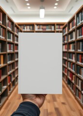 Hand presenting a blank book cover in a well-stocked library. book mockup. 