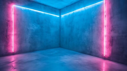 Empty concrete room lit by neon lights