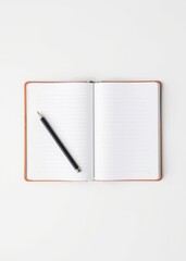 Open blank notebook with pencil isolated on white, top view. book mockup. 